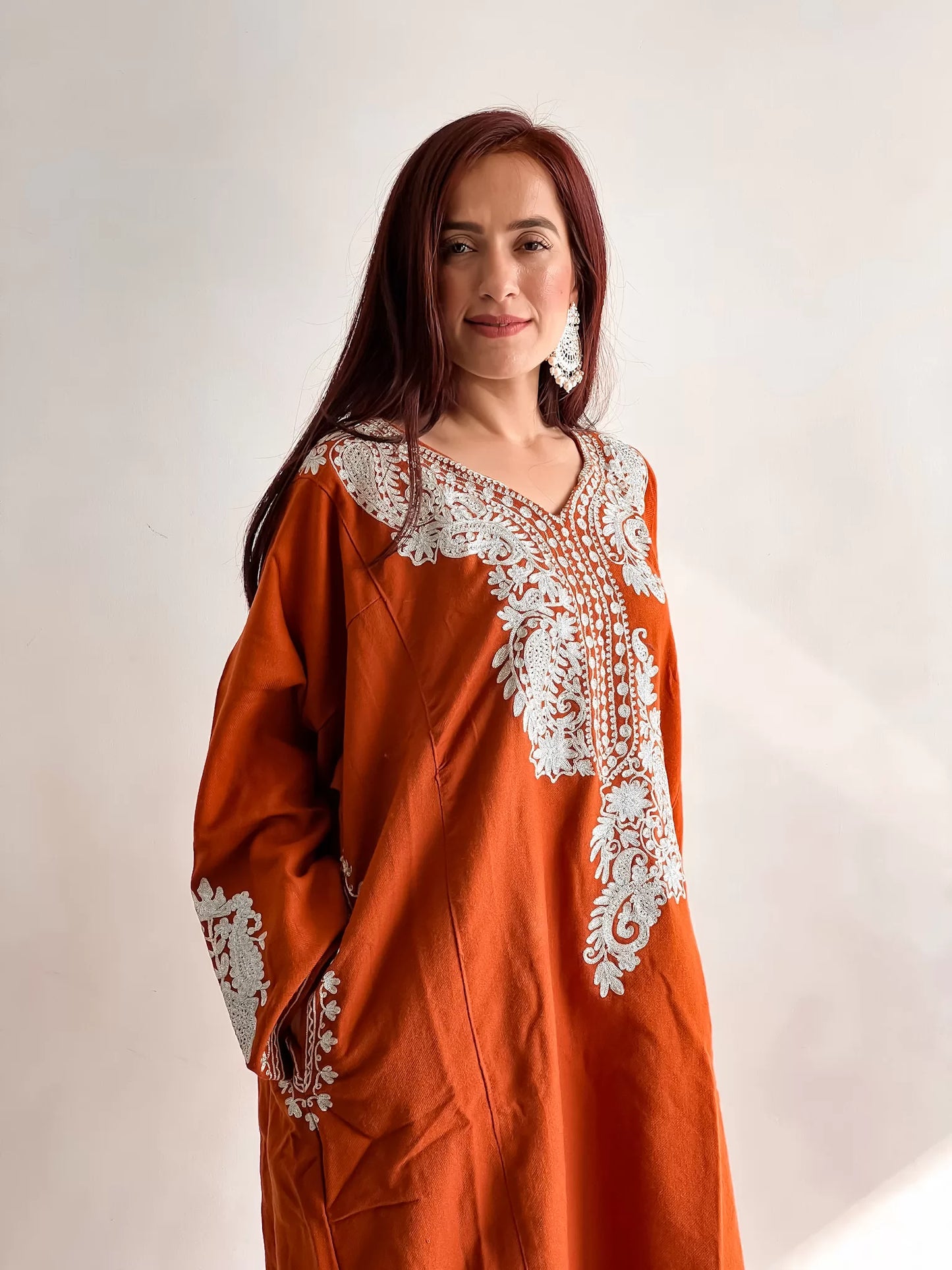 Neck Design Zari Embroidered Rust Pheran