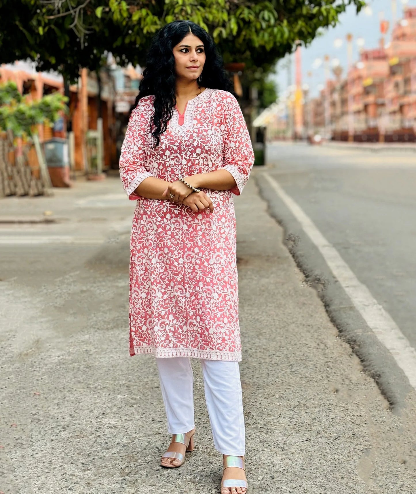 Pink and White Full Embroidered Georgette Long Dress