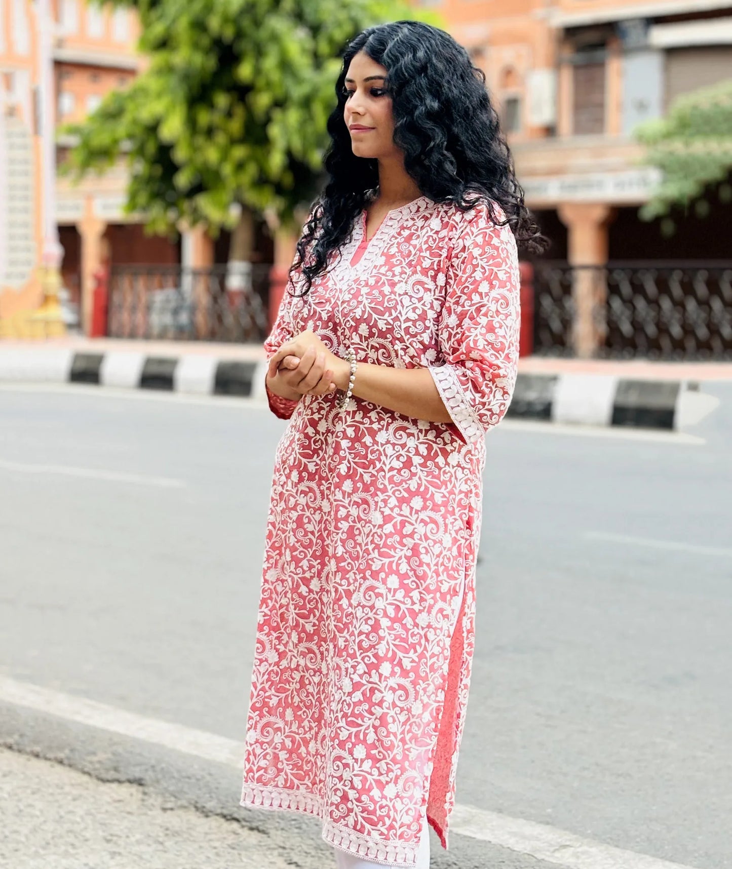 Pink and White Full Embroidered Georgette Long Dress