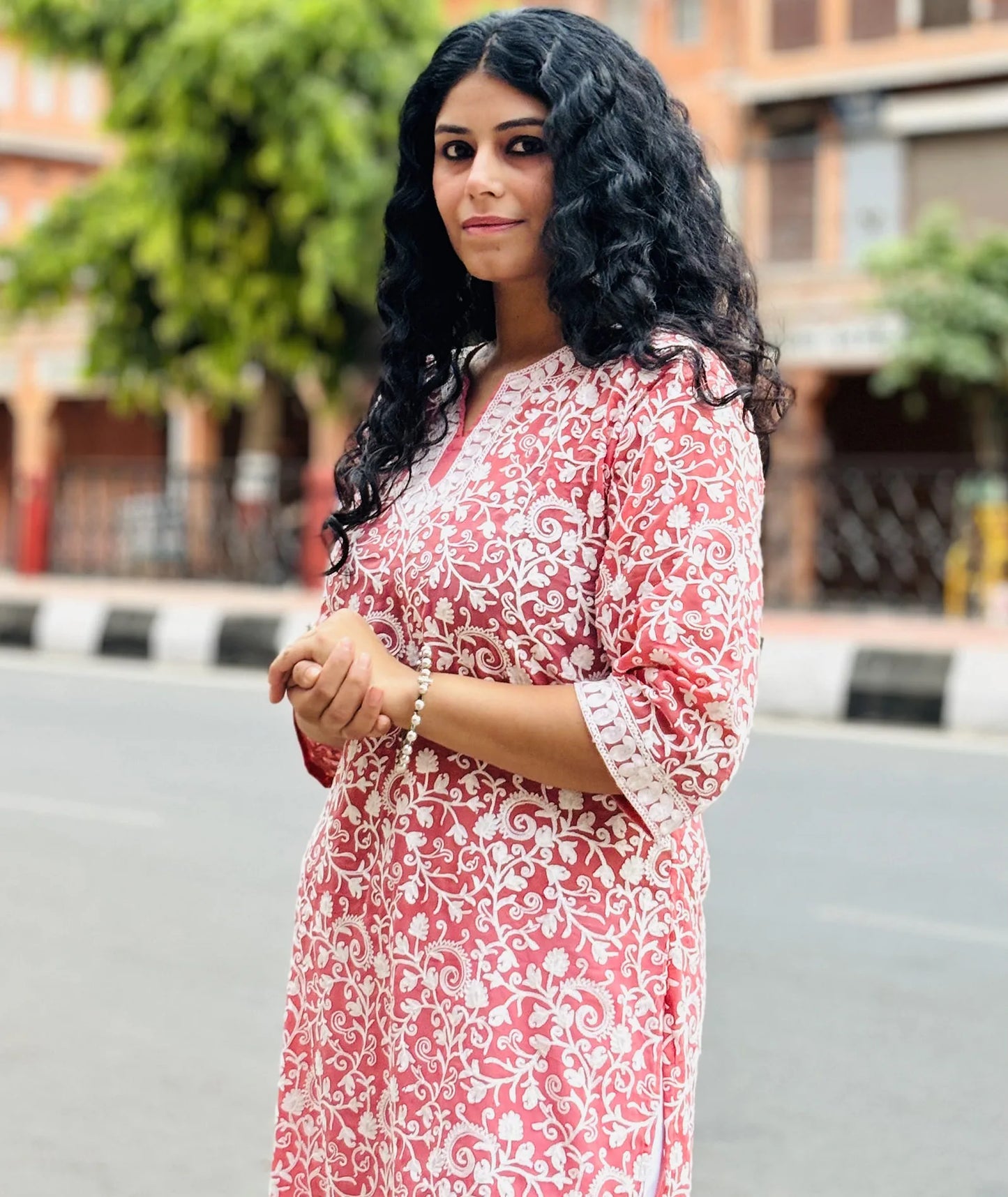 Pink and White Full Embroidered Georgette Long Dress