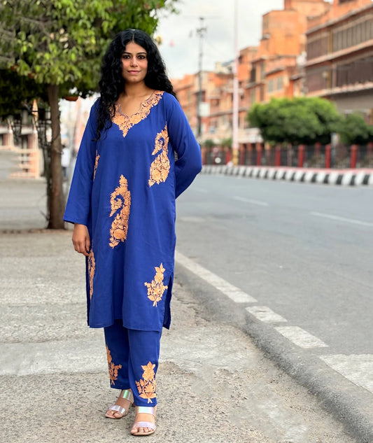 Blue Embroidered Cotton Co ord Set | Full Suit