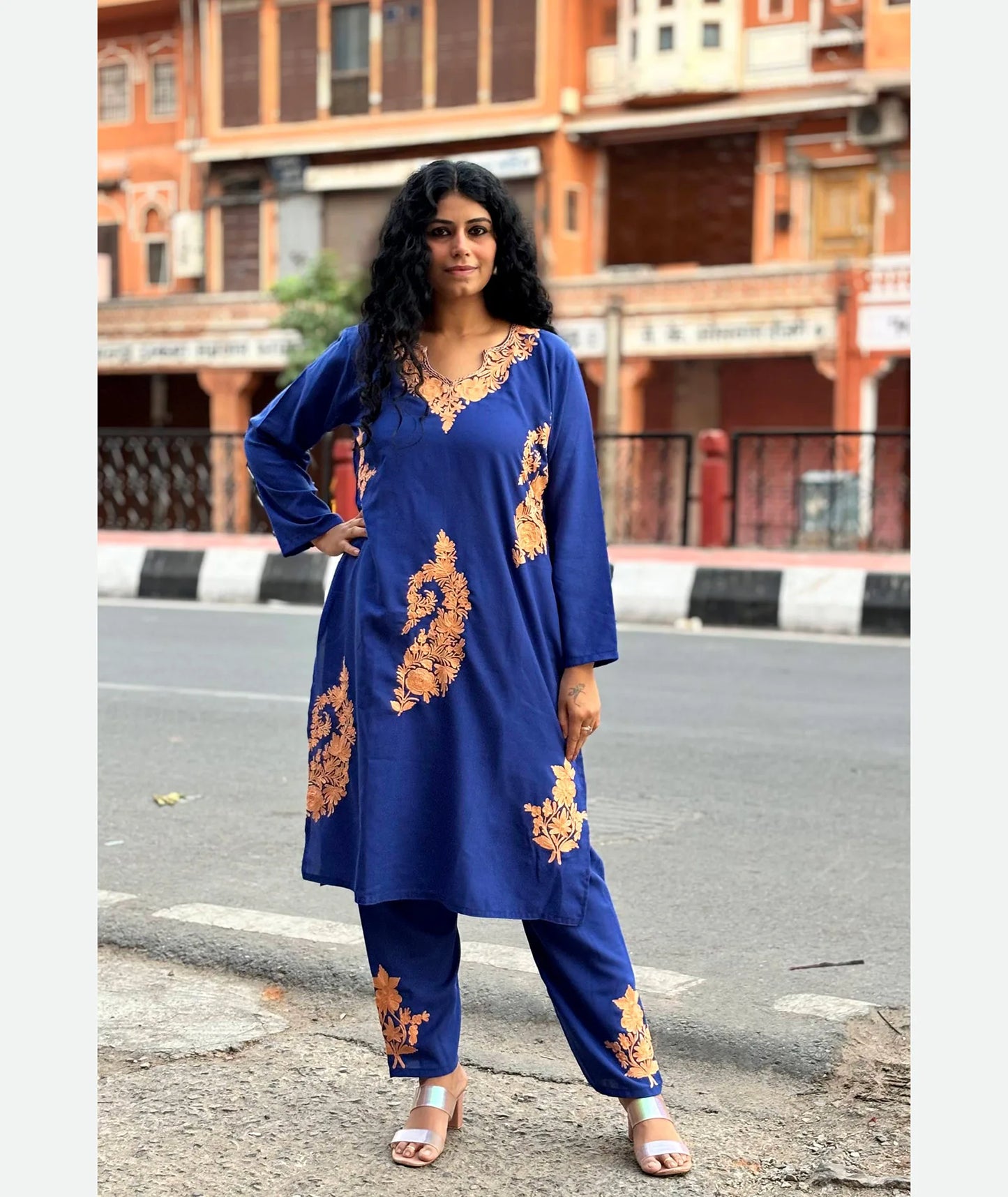 Blue Embroidered Cotton Co ord Set | Full Suit