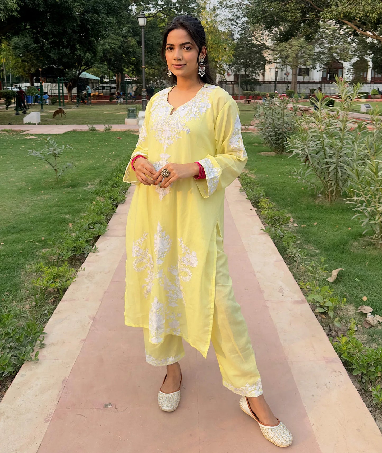 Lemon Base White Embroidered Cotton Co ord | Full Suit