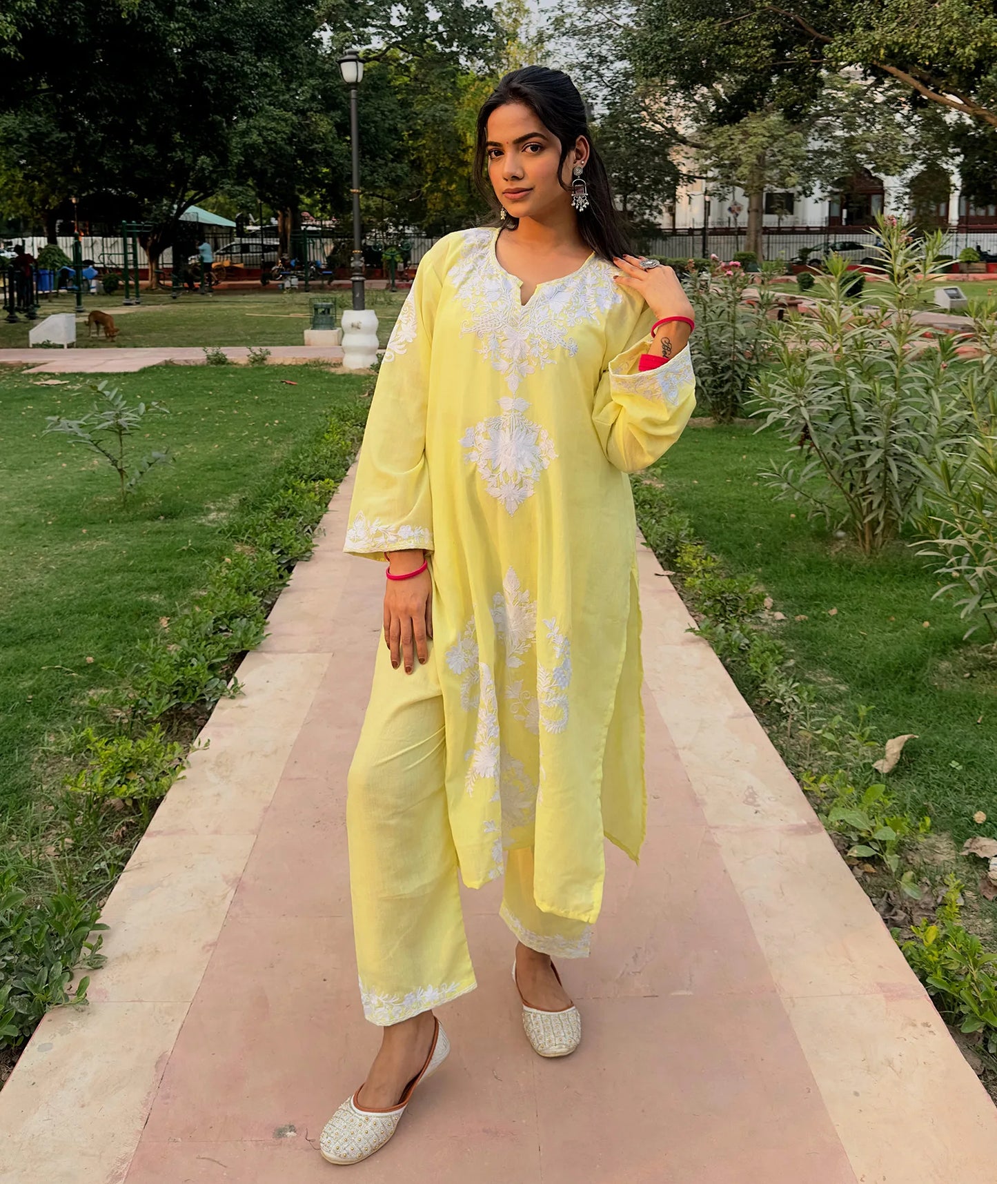 Lemon Base White Embroidered Cotton Co ord | Full Suit