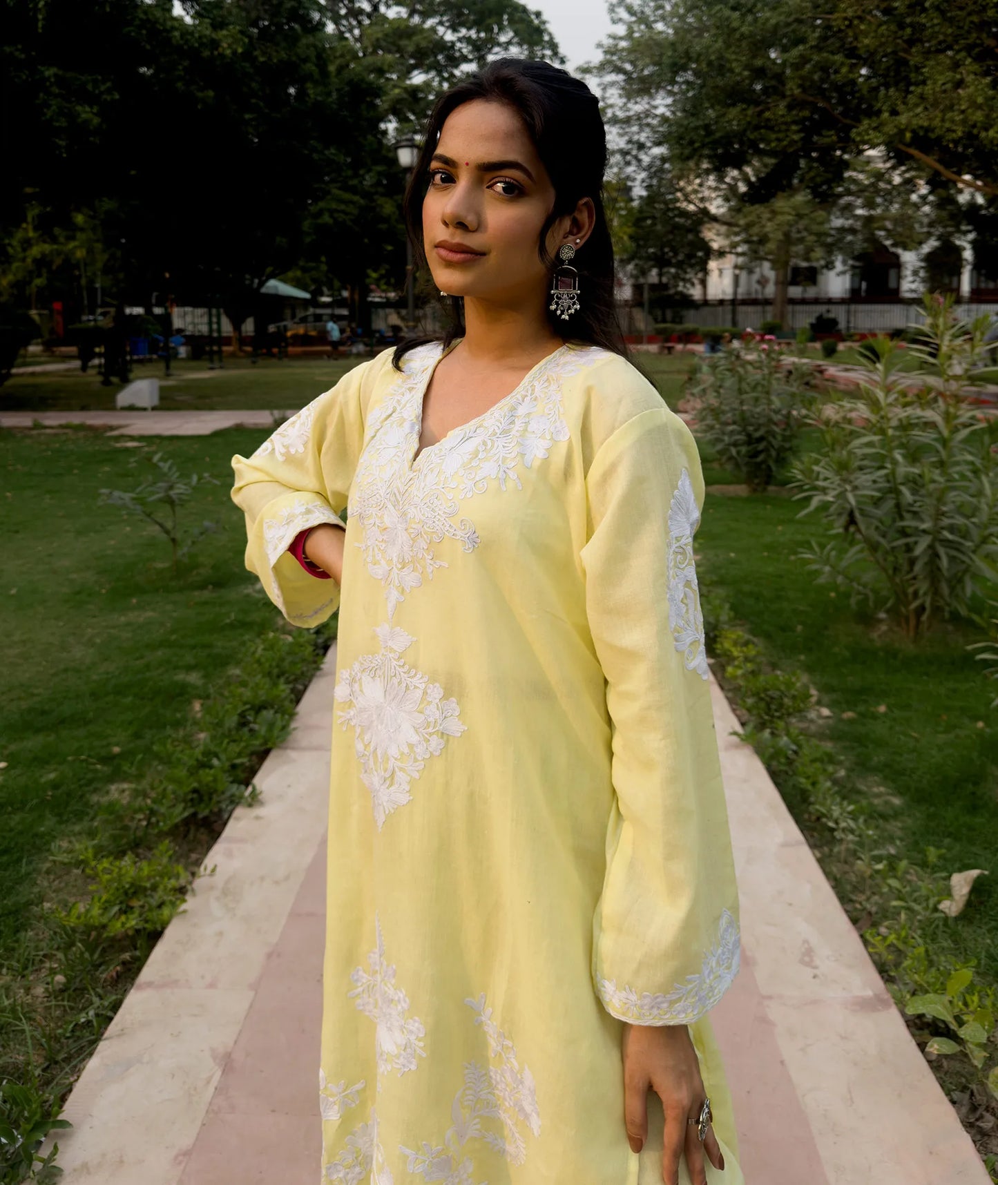 Lemon Base White Embroidered Cotton Co ord | Full Suit