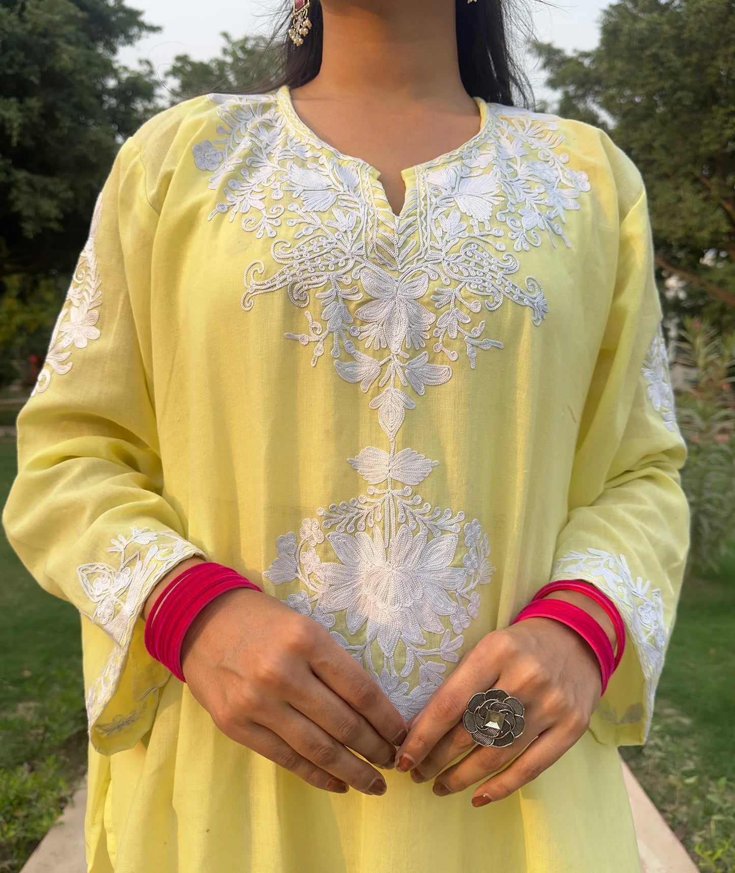 Lemon Base White Embroidered Cotton Co ord | Full Suit