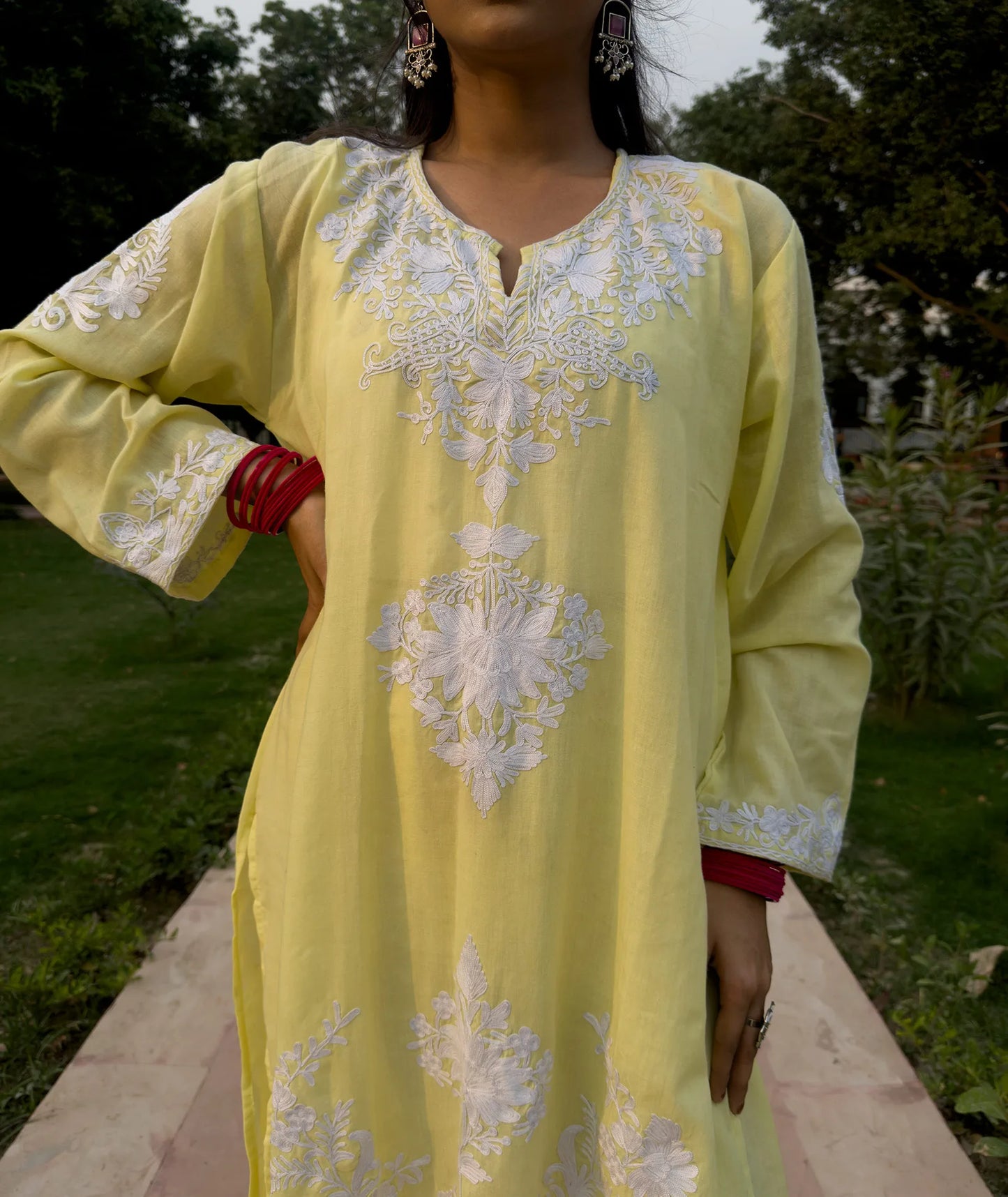 Lemon Base White Embroidered Cotton Co ord | Full Suit