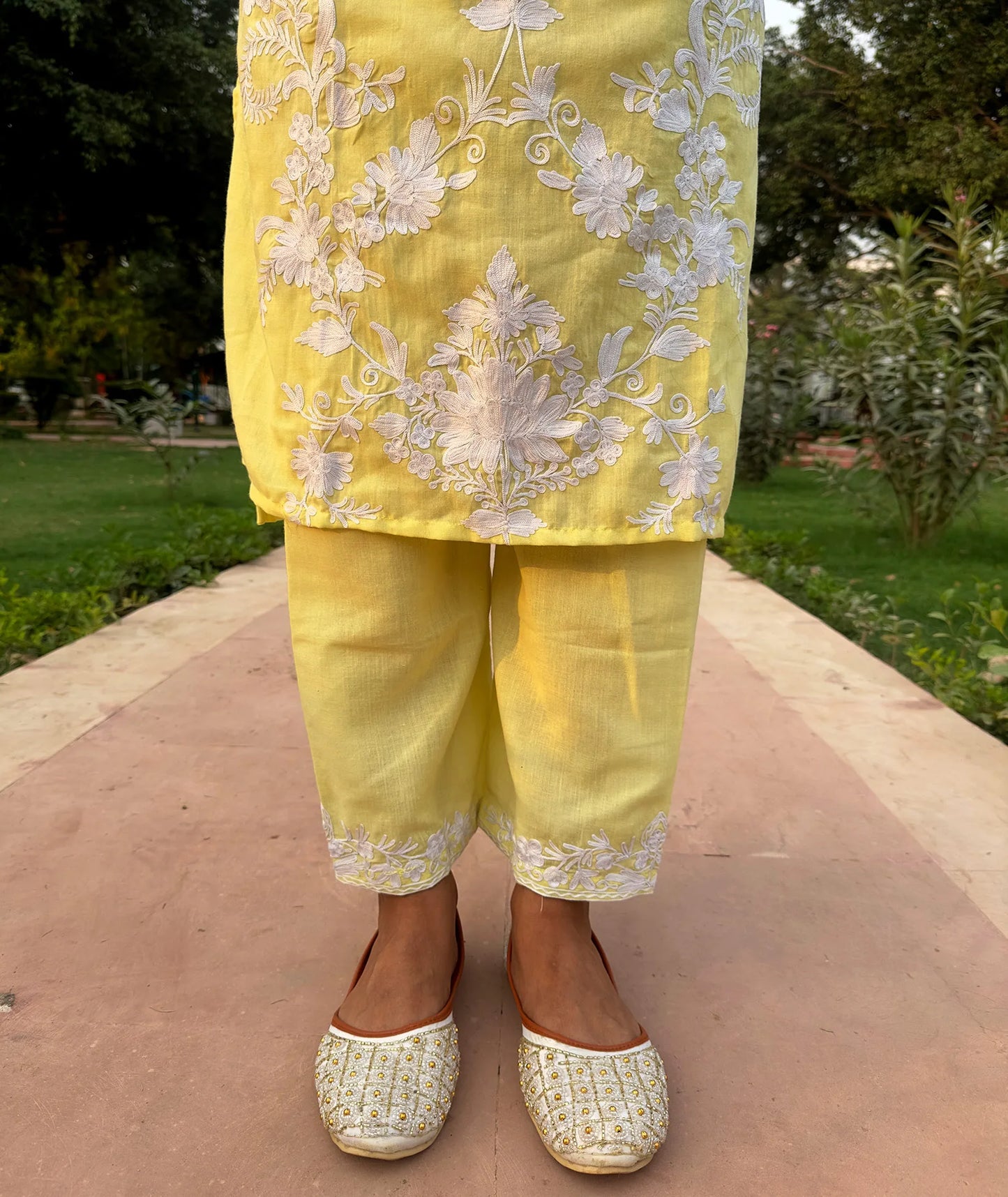 Lemon Base White Embroidered Cotton Co ord | Full Suit