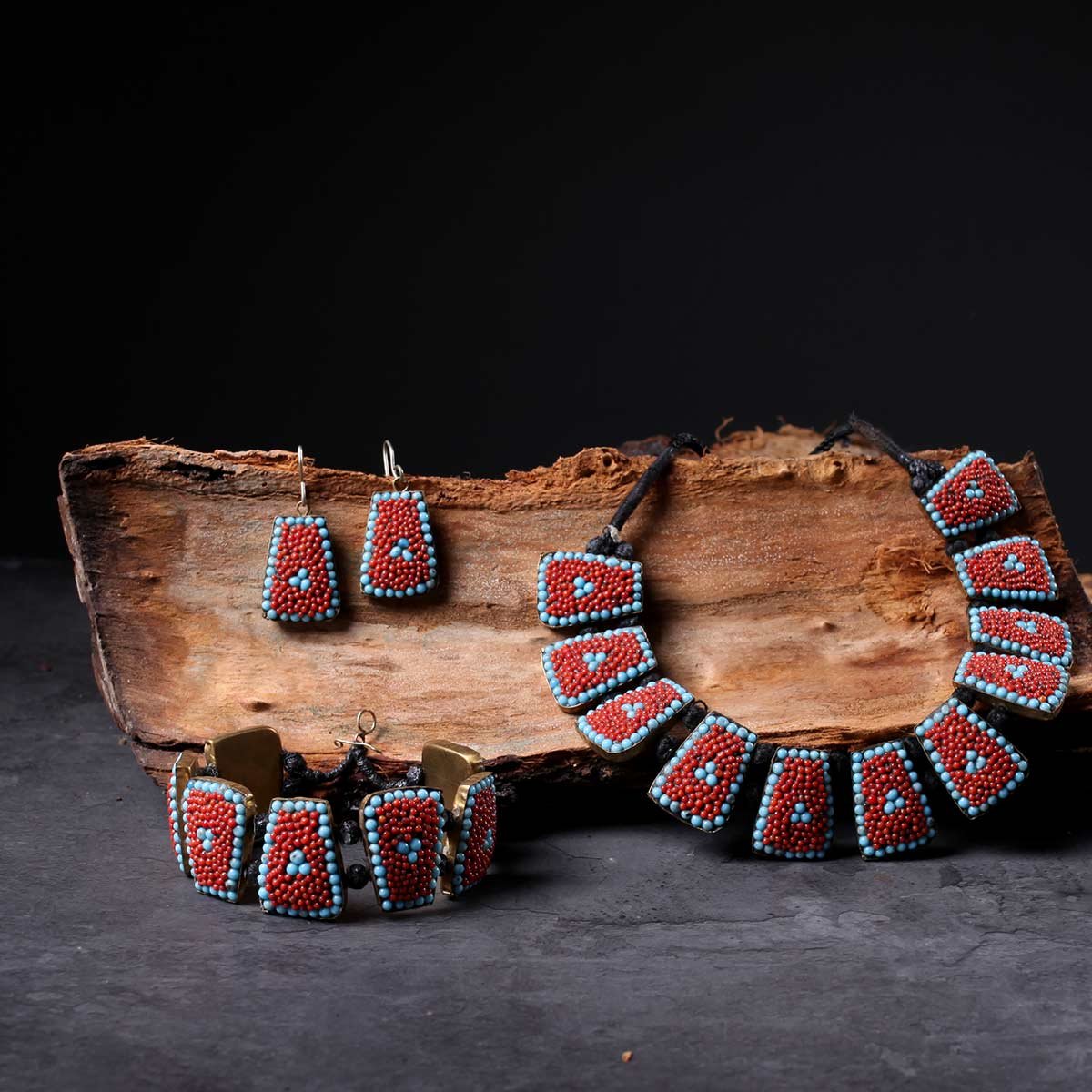 Beaded Red Stoned Handmade Necklace Set