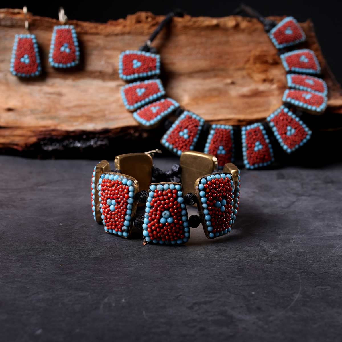 Beaded Red Stoned Handmade Necklace Set