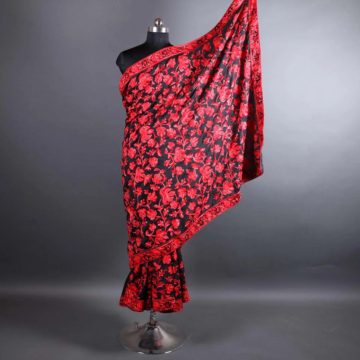 Red Chinar Aari Embroidered  Black Base Crepe Saree