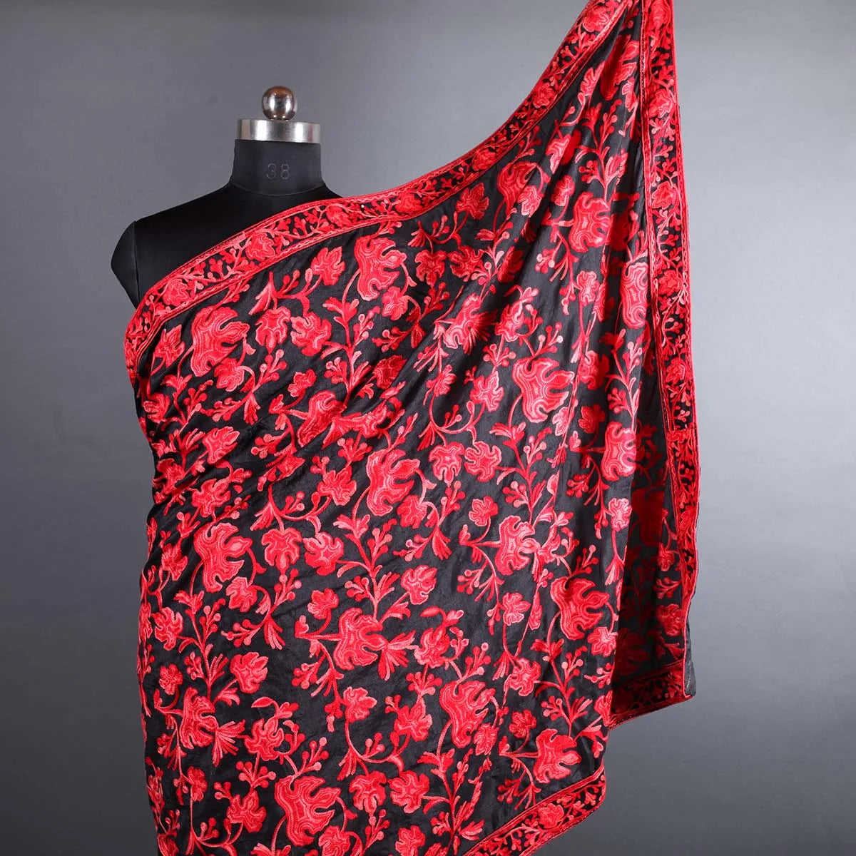 Red Chinar Aari Embroidered  Black Base Crepe Saree