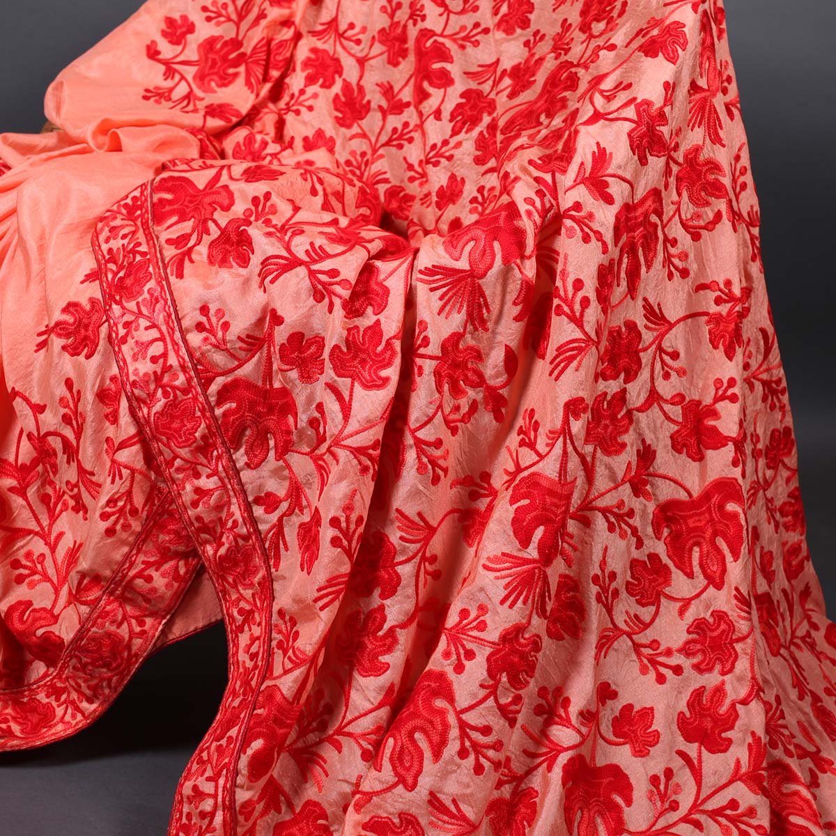 Red Chinar Aari Embroidered<br>  Peach Base Crepe Saree