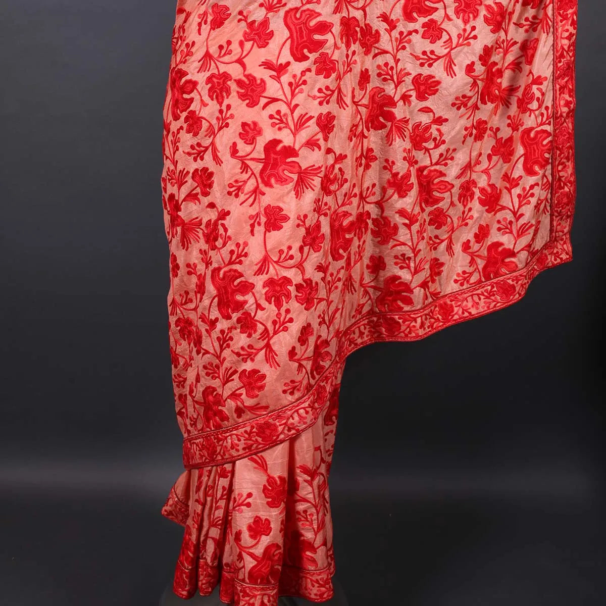 Red Chinar Aari Embroidered<br>  Peach Base Crepe Saree