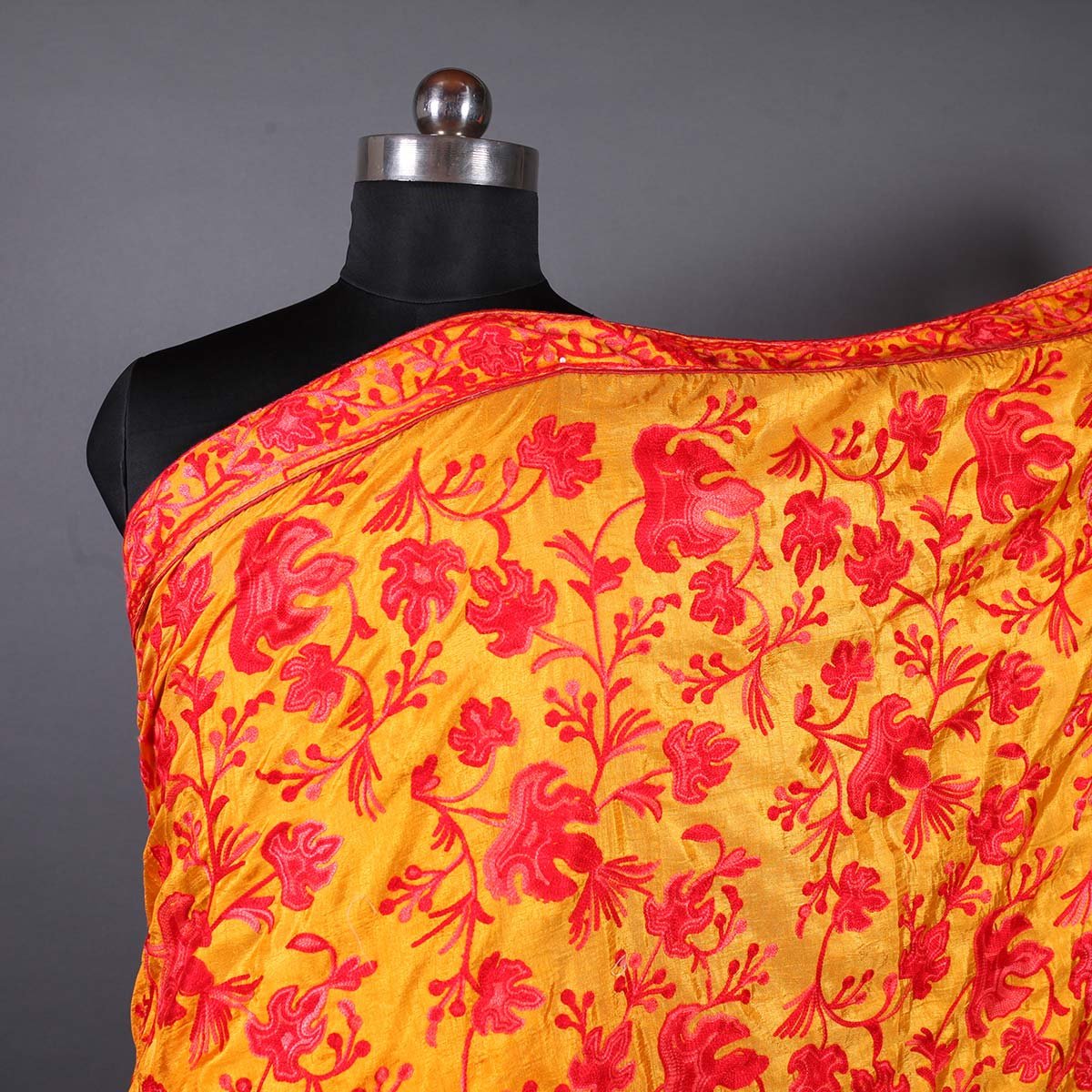 Red Chinar Aari Embroidered  Yellow Base Crepe Saree