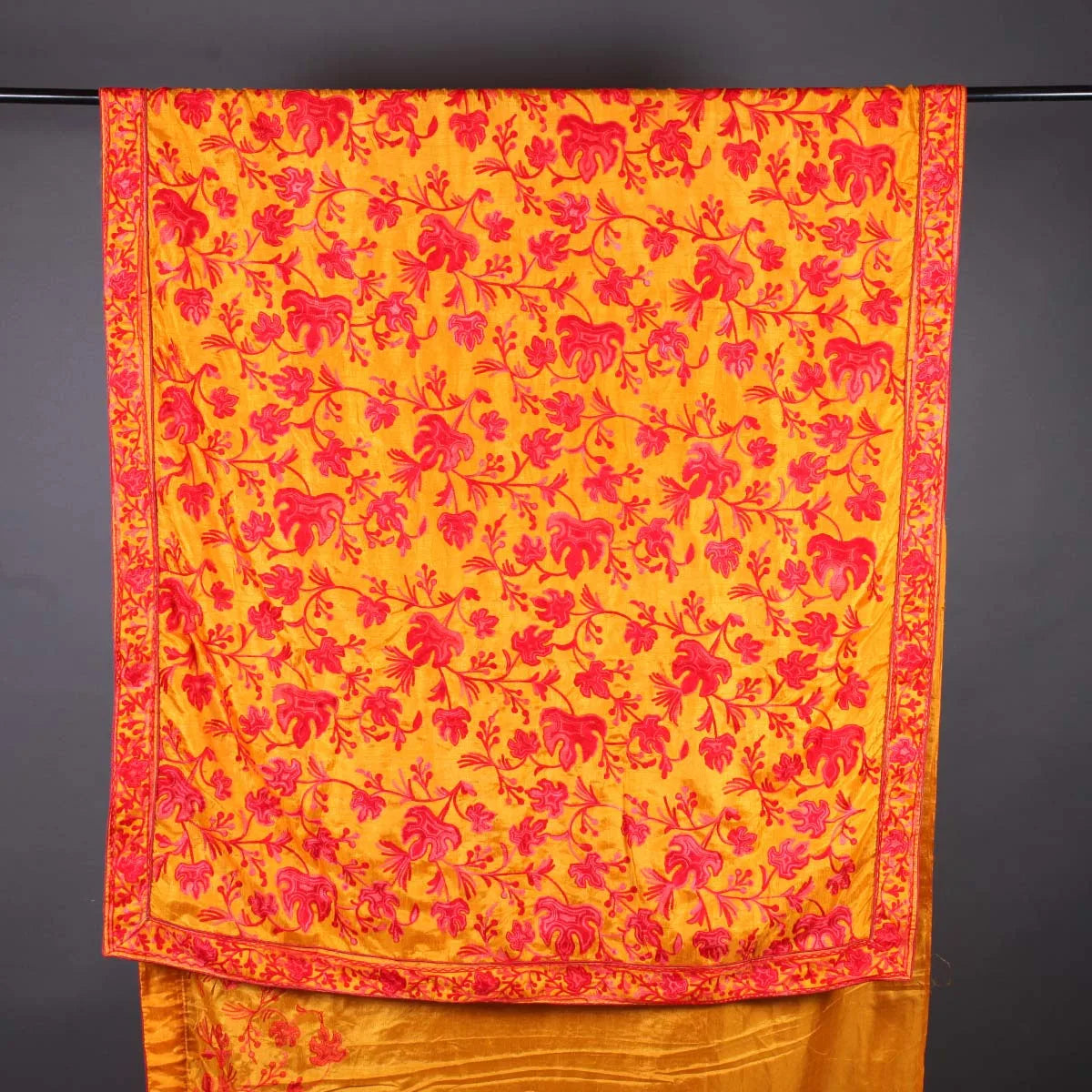 Red Chinar Aari Embroidered  Yellow Base Crepe Saree