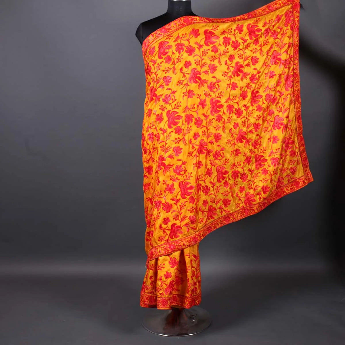 Red Chinar Aari Embroidered  Yellow Base Crepe Saree