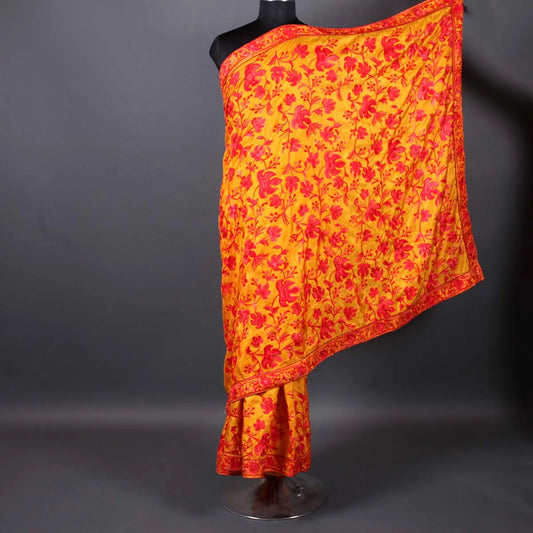 Red Chinar Aari Embroidered  Yellow Base Crepe Saree