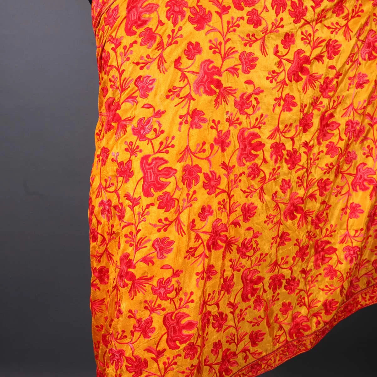 Red Chinar Aari Embroidered  Yellow Base Crepe Saree