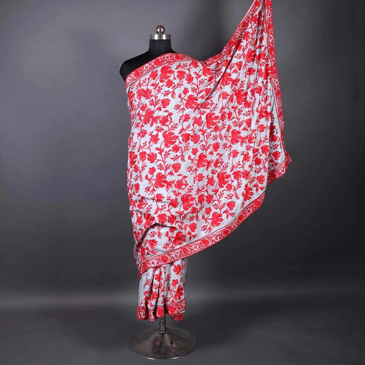 Red Chinar Aari Embroidered<br>  Grey Base Crepe Saree