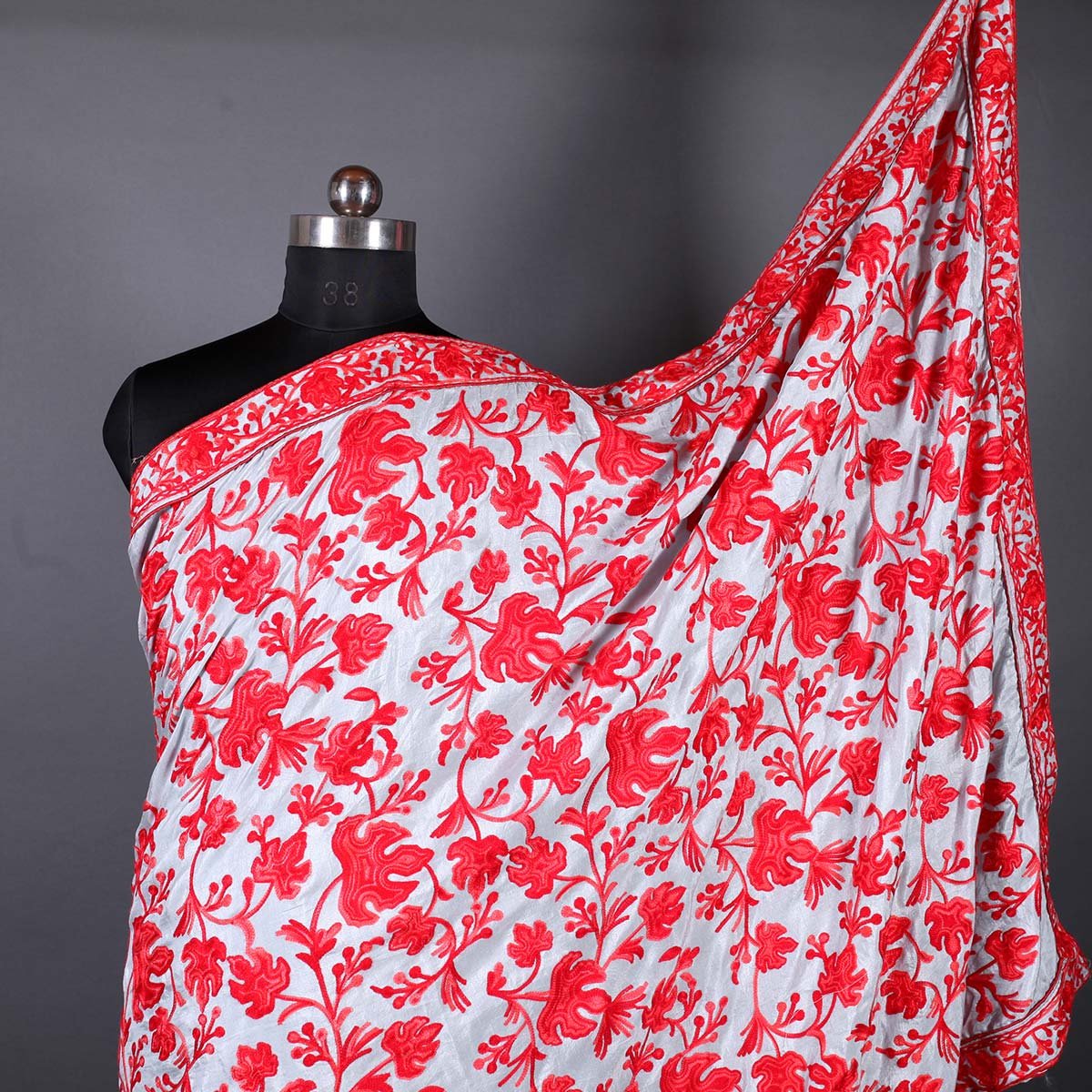 Red Chinar Aari Embroidered<br>  Grey Base Crepe Saree