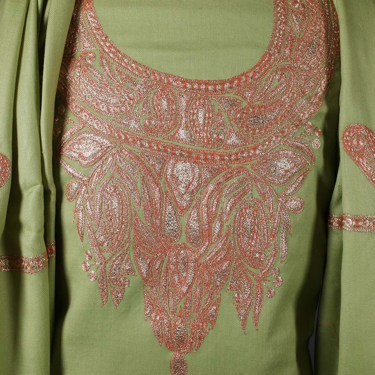 Tilla Embroidered Green Woolen<br>  Suit With Stole