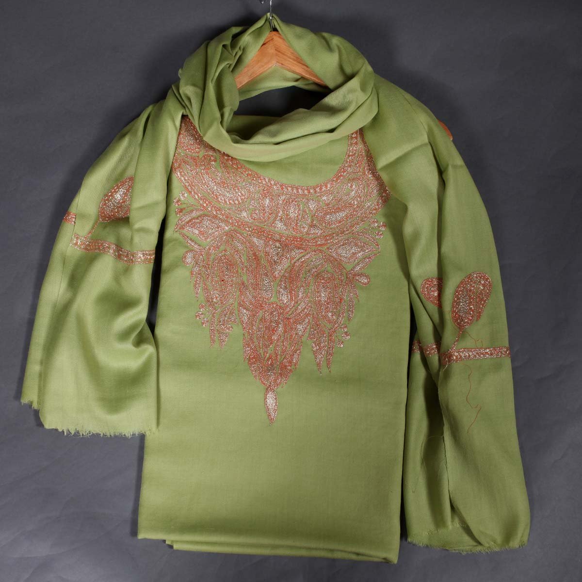 Tilla Embroidered Green Woolen<br>  Suit With Stole