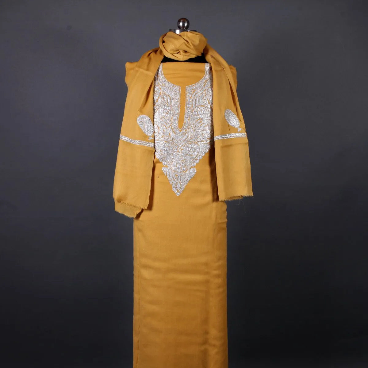 Tilla Embroidered Mustard<br>  Woolen Suit With Stole