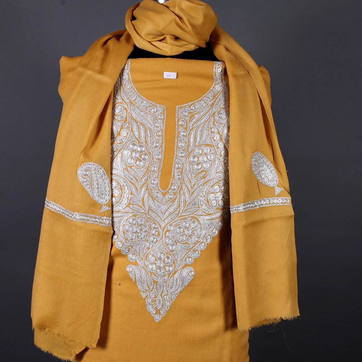 Tilla Embroidered Mustard<br>  Woolen Suit With Stole