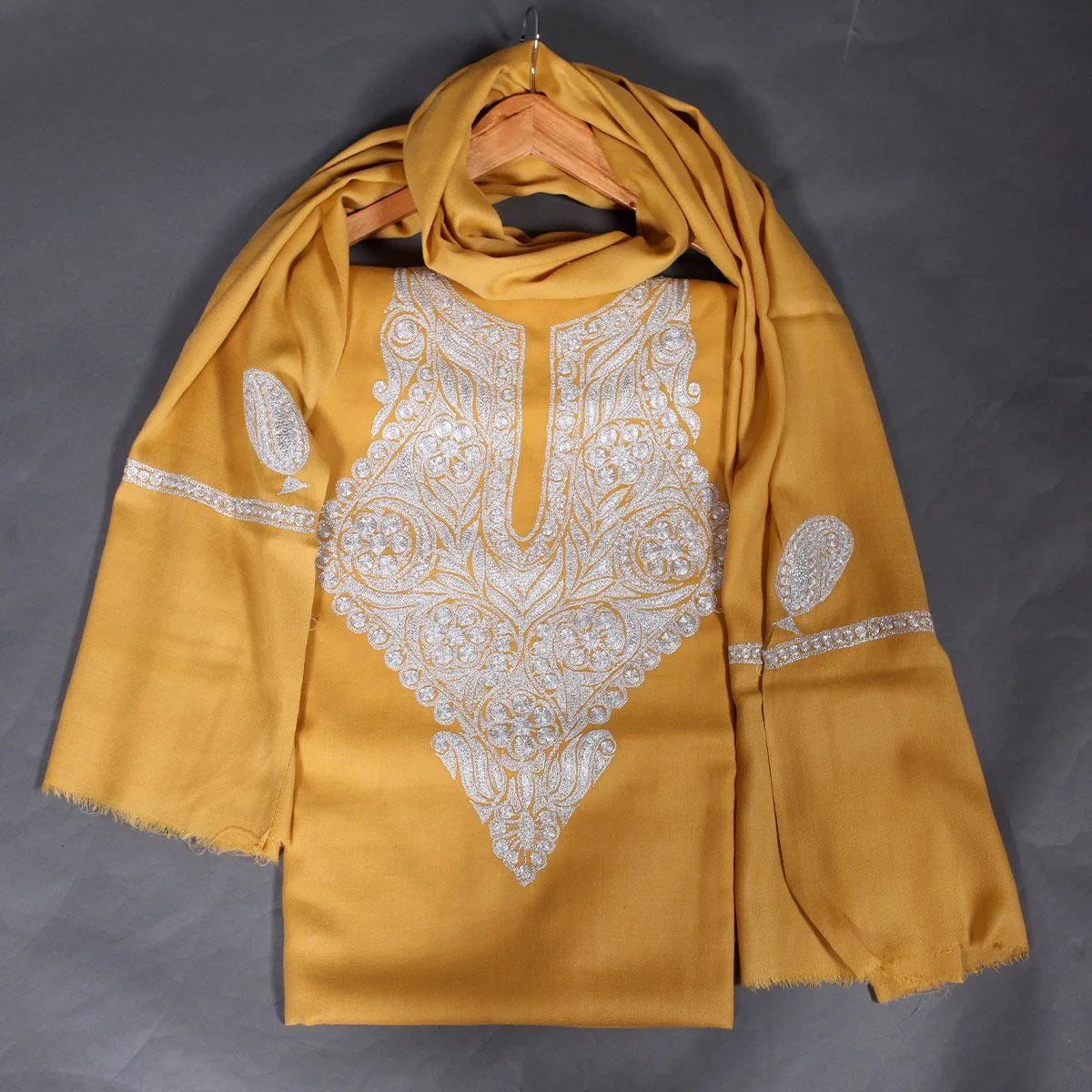 Tilla Embroidered Mustard<br>  Woolen Suit With Stole