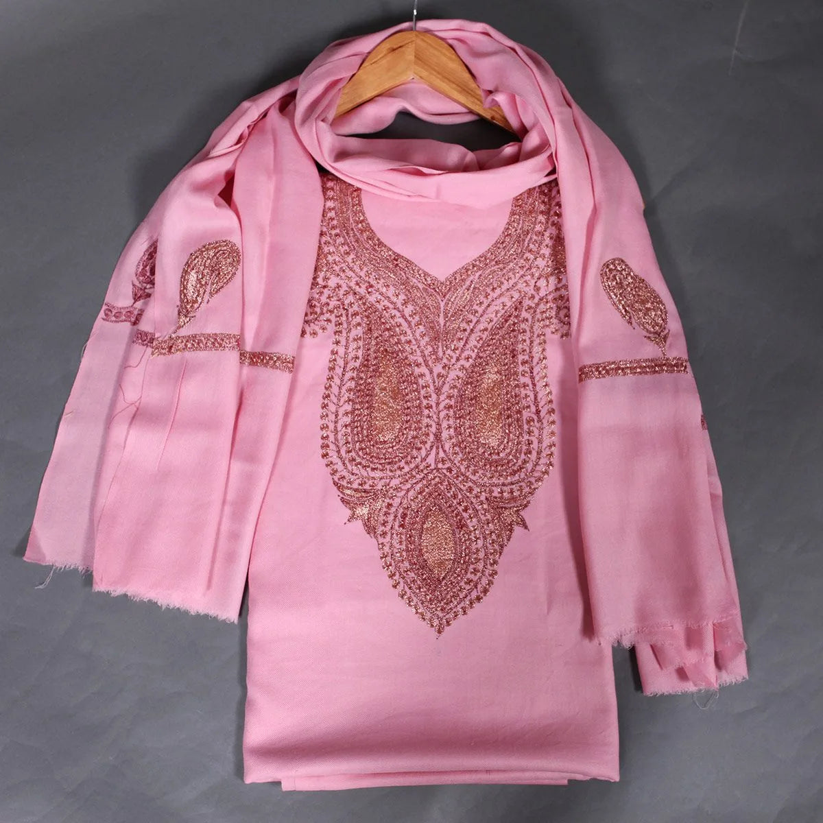 Tilla Embroidered Rose Pink<br>  Woolen Suit With Stole