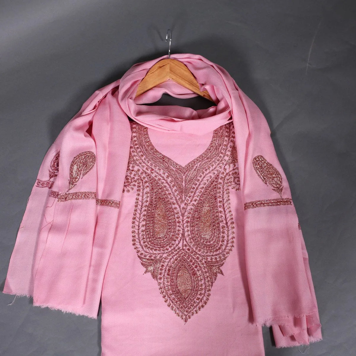 Tilla Embroidered Rose Pink<br>  Woolen Suit With Stole