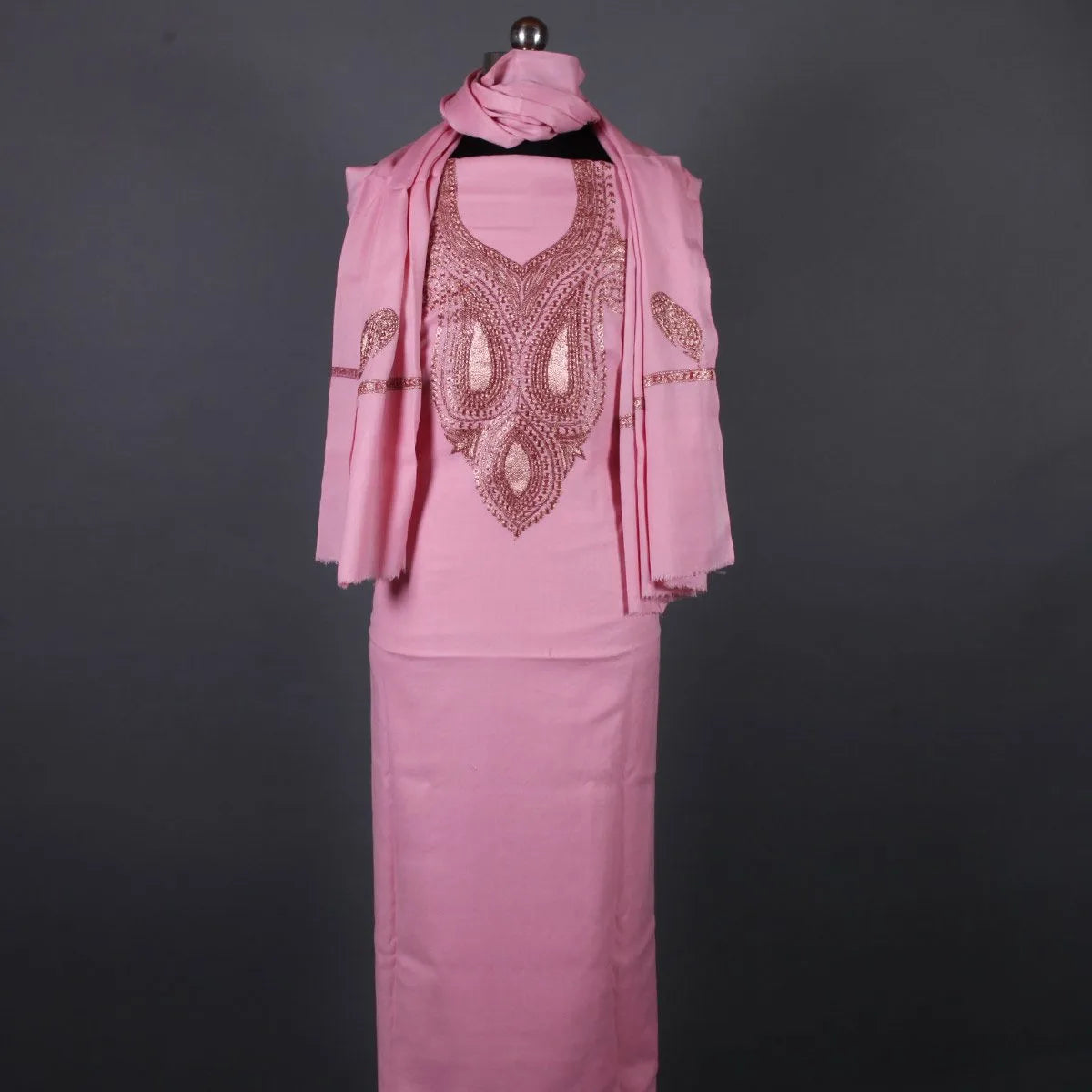 Tilla Embroidered Rose Pink<br>  Woolen Suit With Stole