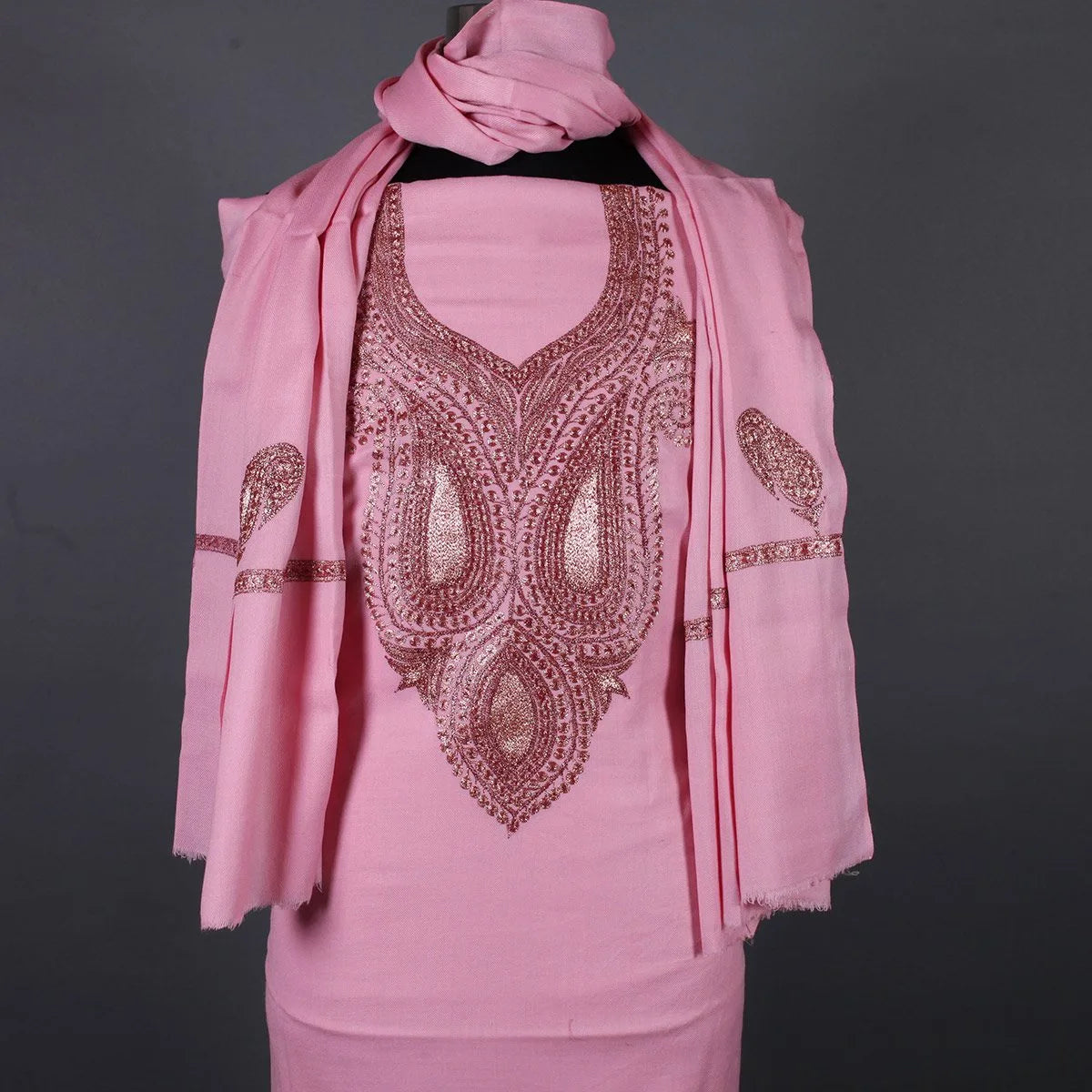 Tilla Embroidered Rose Pink<br>  Woolen Suit With Stole