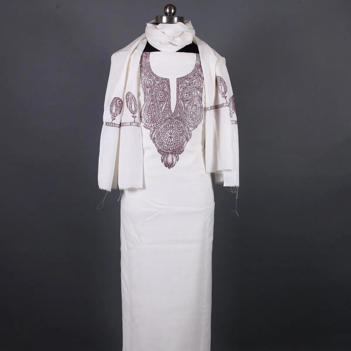 Tilla Embroidered White Woolen<br>  Suit With Stole