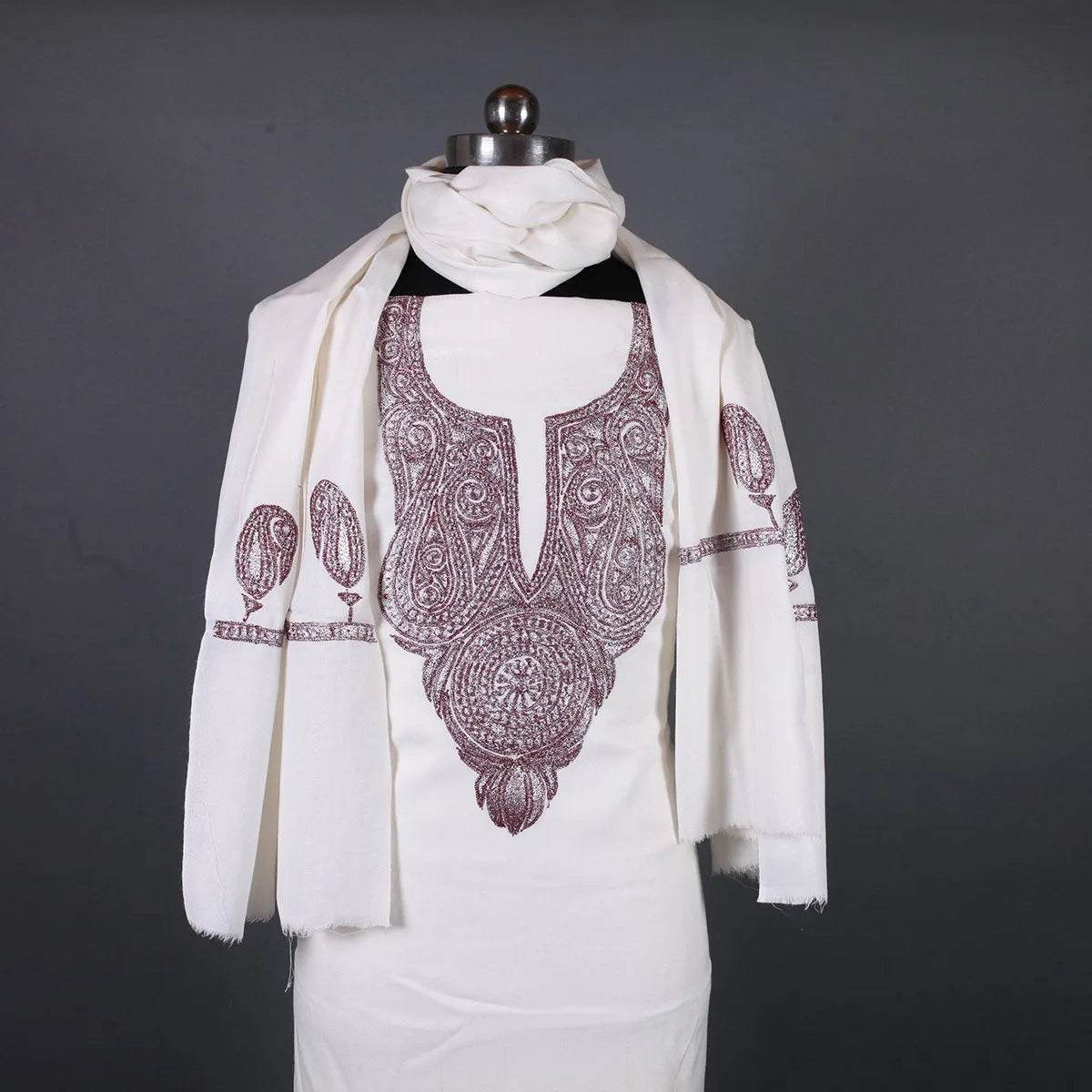 Tilla Embroidered White Woolen<br>  Suit With Stole