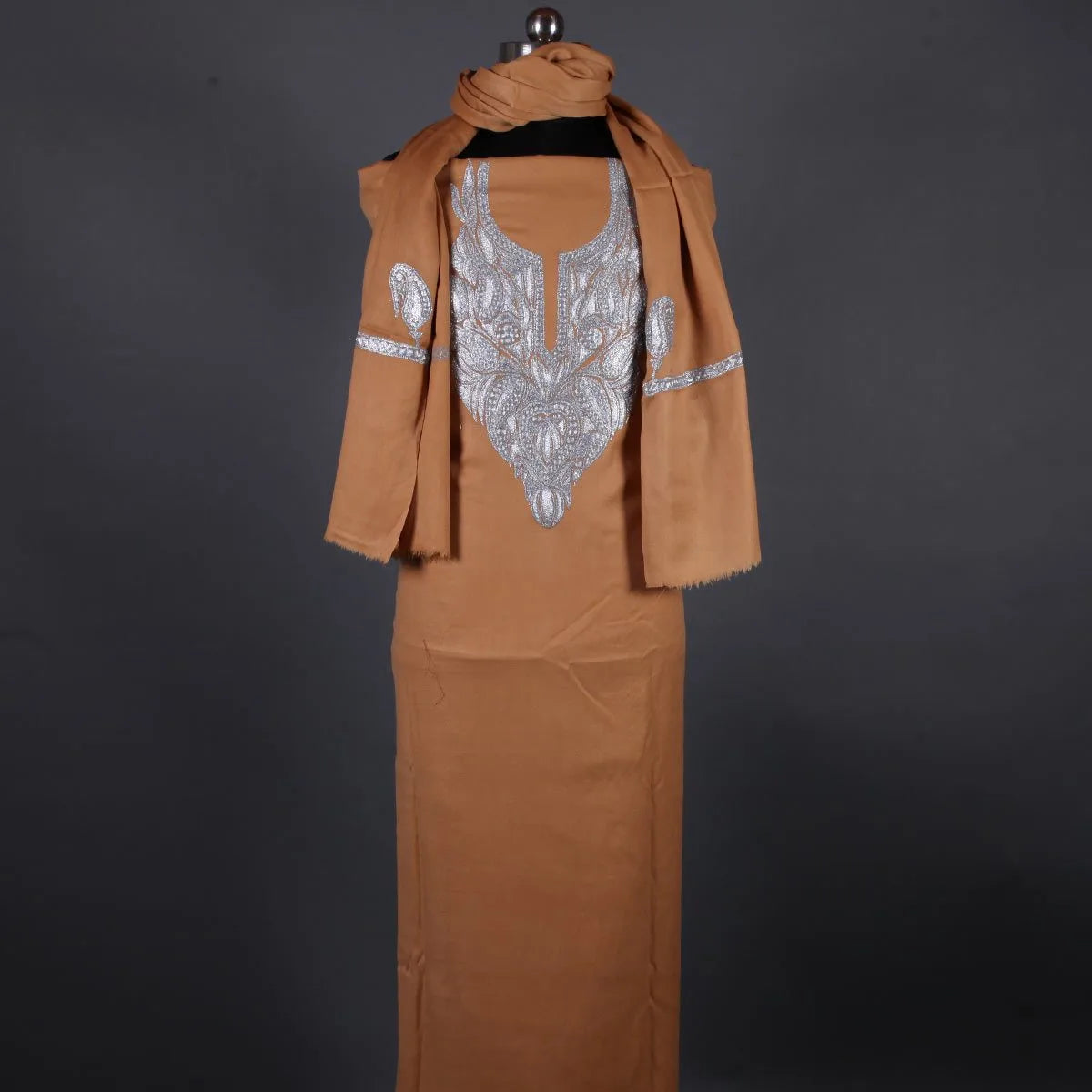 Tilla Embroidered Brown Woolen<br>  Suit With Stole