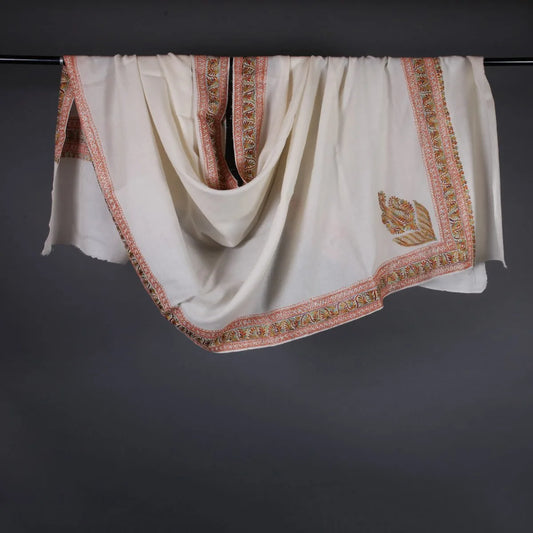 White Tilla Embroidered Woolen<br>  Shawl 