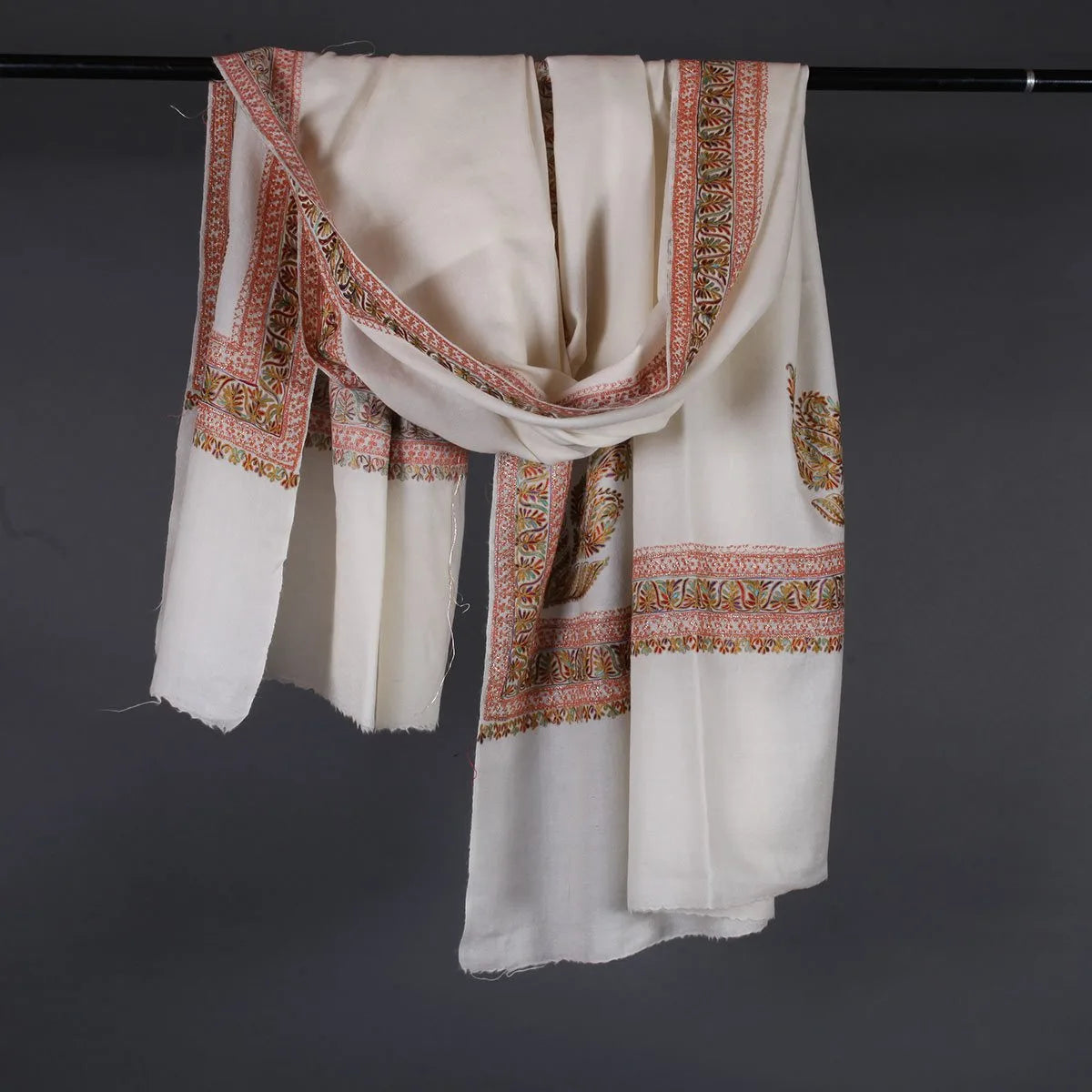 White Tilla Embroidered Woolen<br>  Shawl 