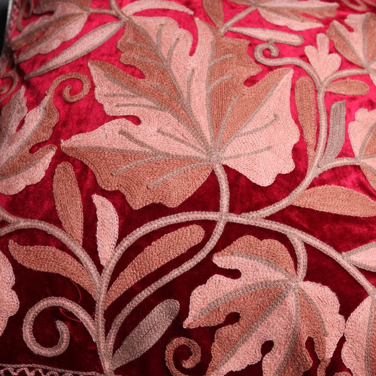 Red Velvet Chinar Design Aari<br>  Embroidered Cushion Cover 6pc Set