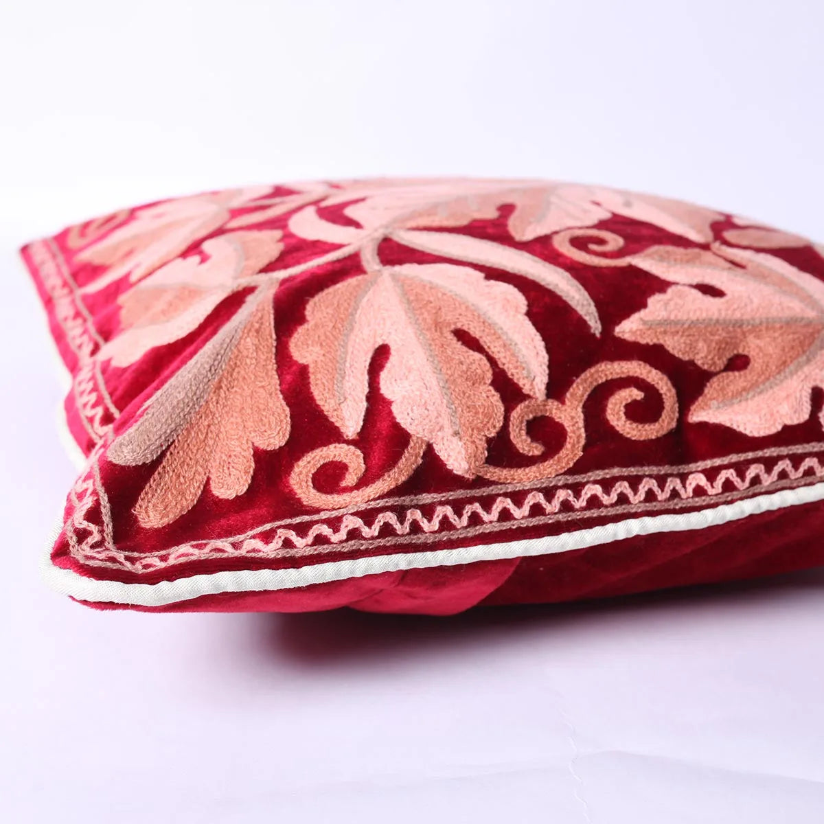 Red Velvet Chinar Design Aari<br>  Embroidered Cushion Cover 6pc Set