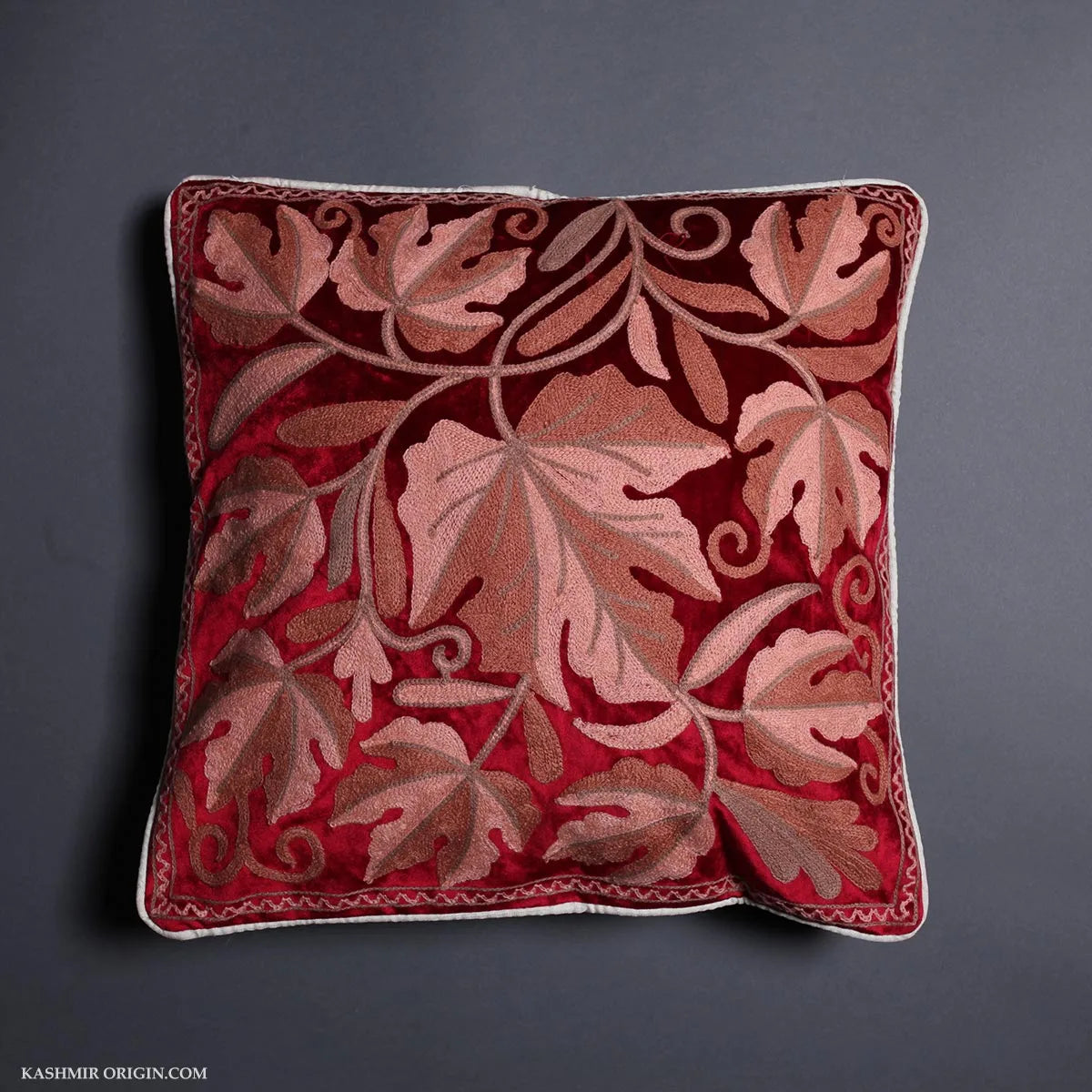 Red Velvet Chinar Design Aari<br>  Embroidered Cushion Cover 6pc Set