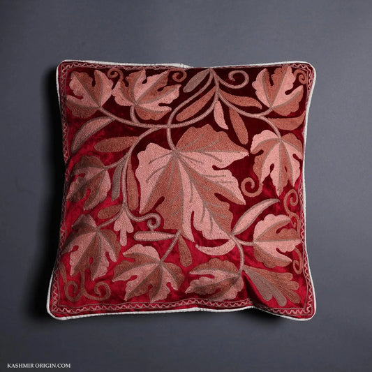 Red Velvet Chinar Design Aari<br>  Embroidered Cushion Cover 6pc Set