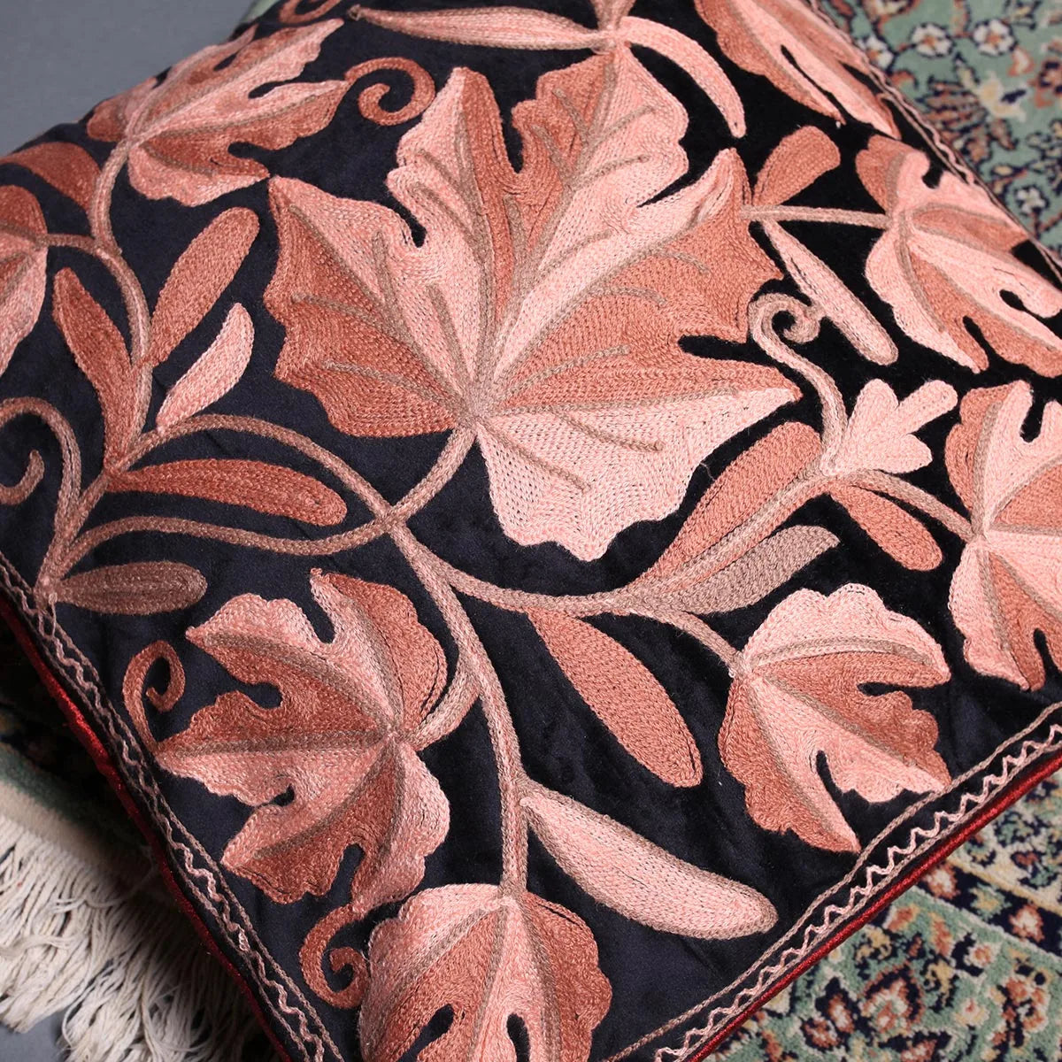 Black Velvet Chinar Design<br>  Aari Embroidered Cushion Cover 6pc Set