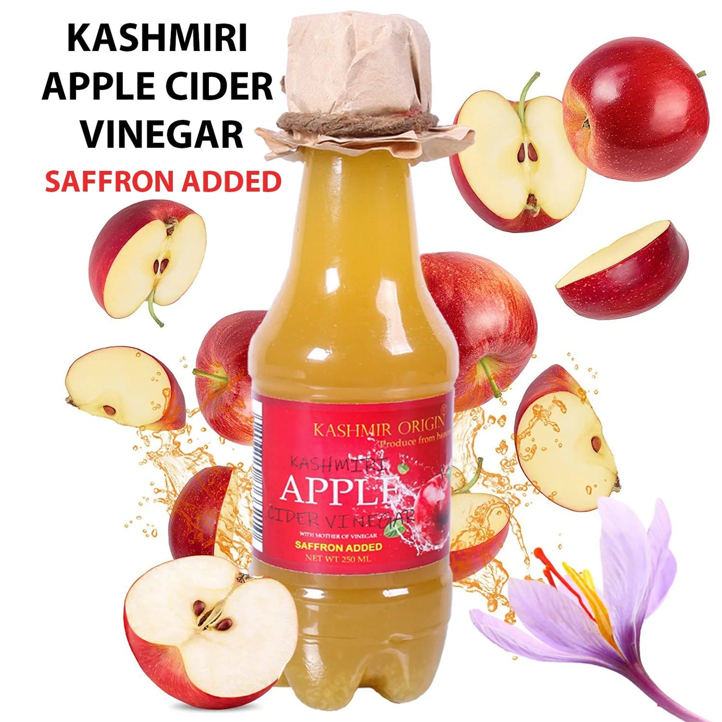 Kashmir Origin | Kashmiri  Organic Apple Cider Vinegar 250 ml | Saffron Added Vinegar | Vinegar with  Apple Pulp Inside