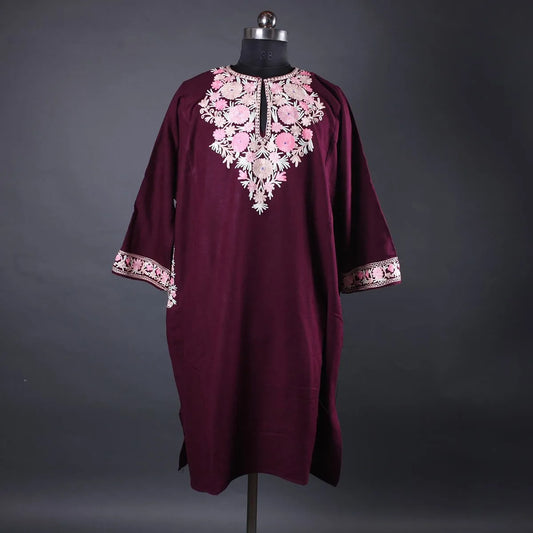 Dark Maroon Aari Embroidered Pheran 