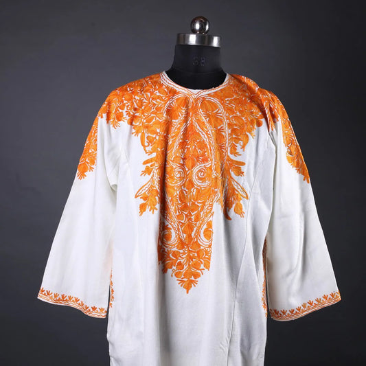 White  BaseFloral Deisgn Aari Embroidered Pheran Front Back Work