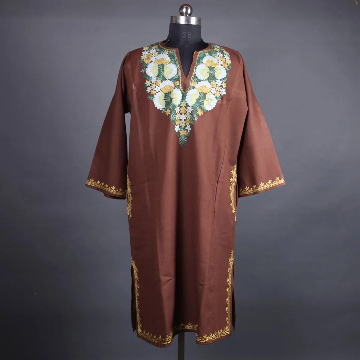 Brown Base Floral Design Kashmiri Phiran