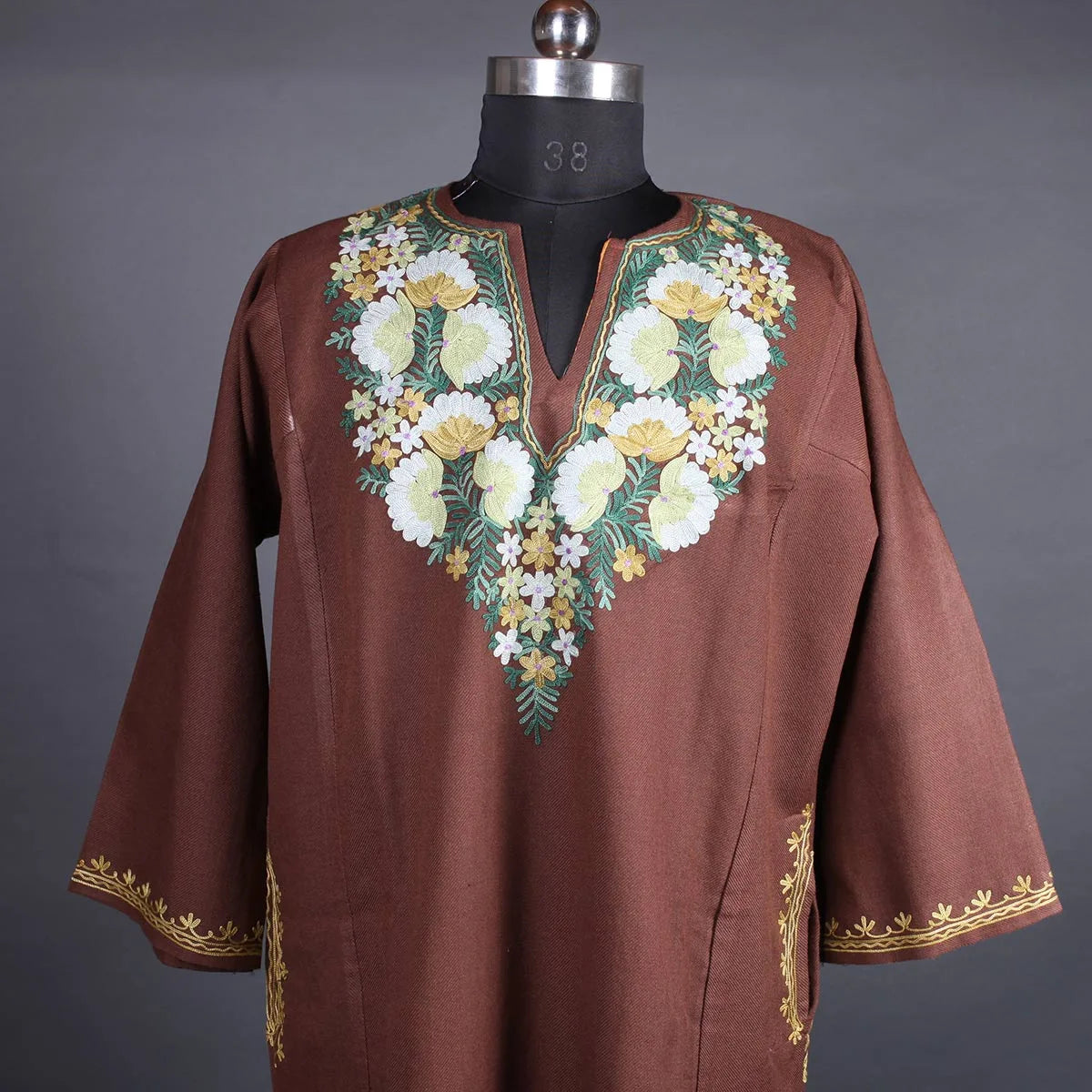 Brown Base Floral Design Kashmiri Phiran