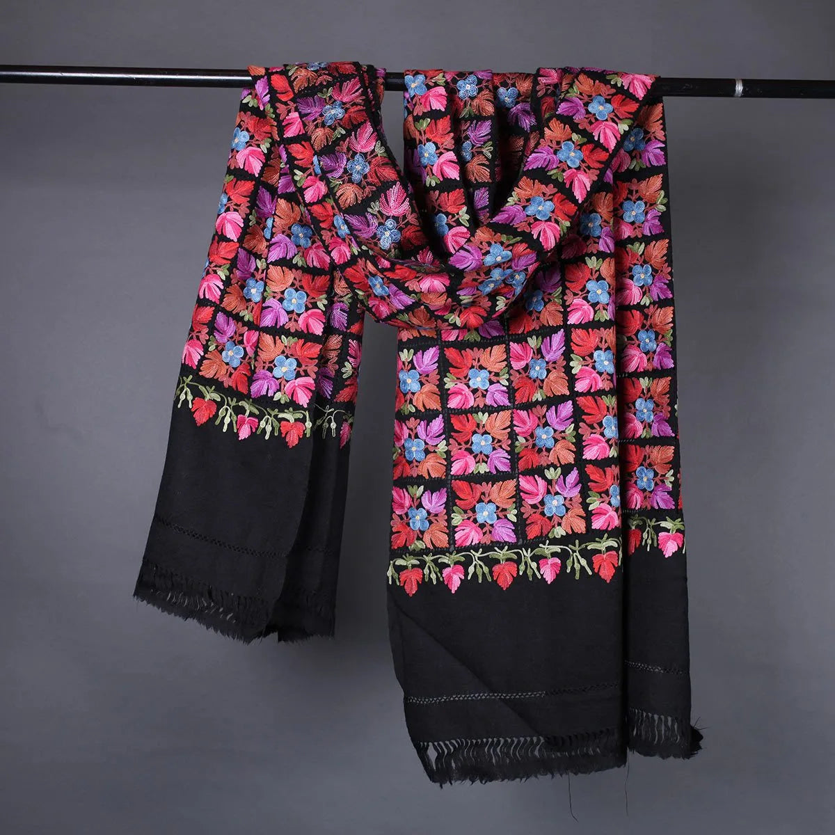 Black Base Floral  Design Embroidered Woolen Stole